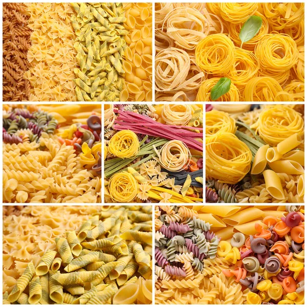 Diversi Tipi Pasta Cruda Collage Fotografico — Foto Stock