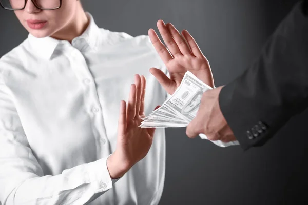 Woman Refuses Take Bribe Money Dark Background Closeup — Stock Photo, Image