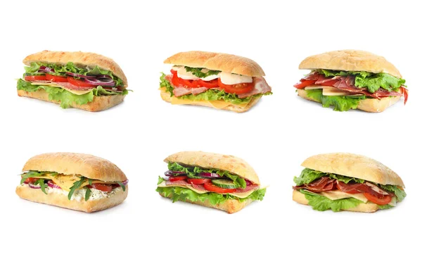 Set Deliciosos Sándwiches Sobre Fondo Blanco — Foto de Stock