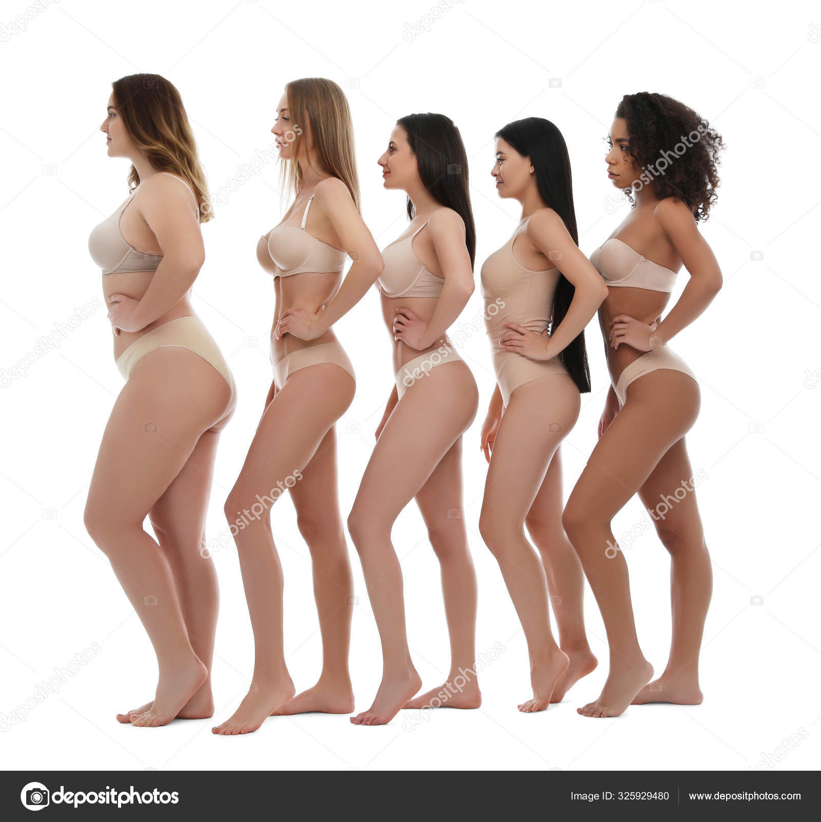 Group Women Different Body Types Underwear White Background Stock