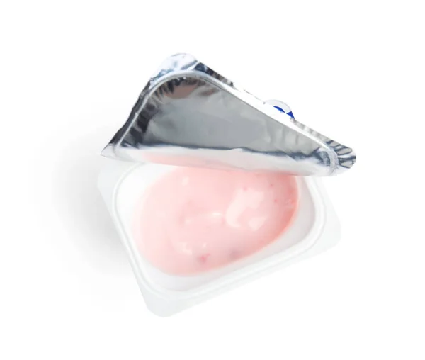 Smaklig Ekologisk Yoghurt Plastmugg Isolerad Vit Ovanifrån — Stockfoto