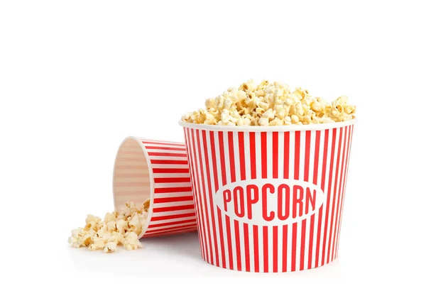 Buckets of tasty pop corn isolated on white — Stock Photo, Image