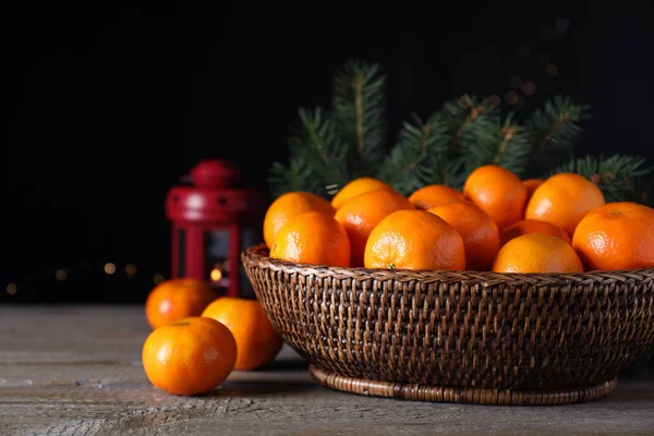 Ripe Tangerines Wooden Table Dark Background Christmas Celebration — Stock Photo, Image