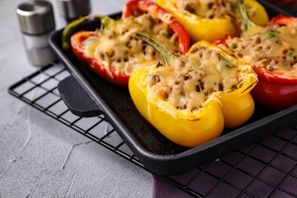 Tasty Stuffed Bell Peppers Baking Pan Grey Table Closeup — Stock Photo, Image