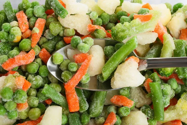 Mix Frozen Vegetables Spoon Closeup — Stock Photo, Image