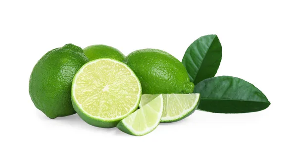 Fresh ripe green limes isolated on white — Stock Photo, Image