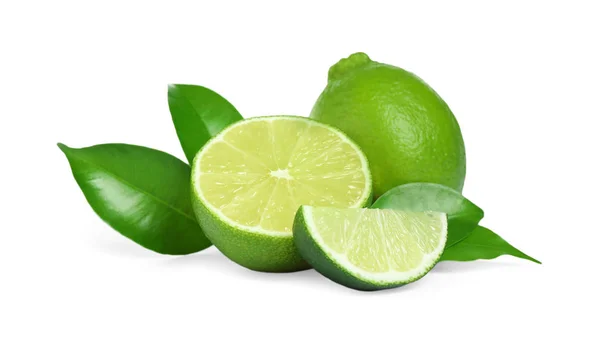 Fresh ripe green limes isolated on white — Stock Photo, Image