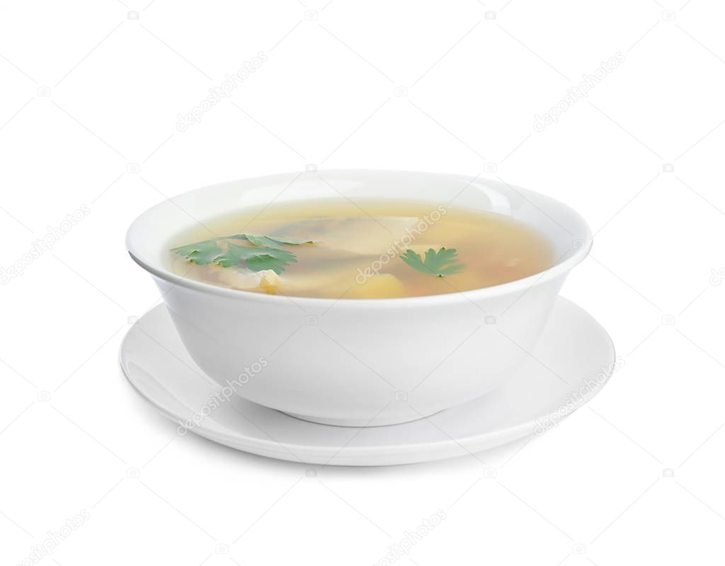 Delicious fish soup in bowl isolated on white