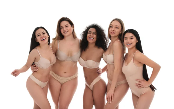 Group Women Different Body Types Underwear White Background — Stock Photo, Image