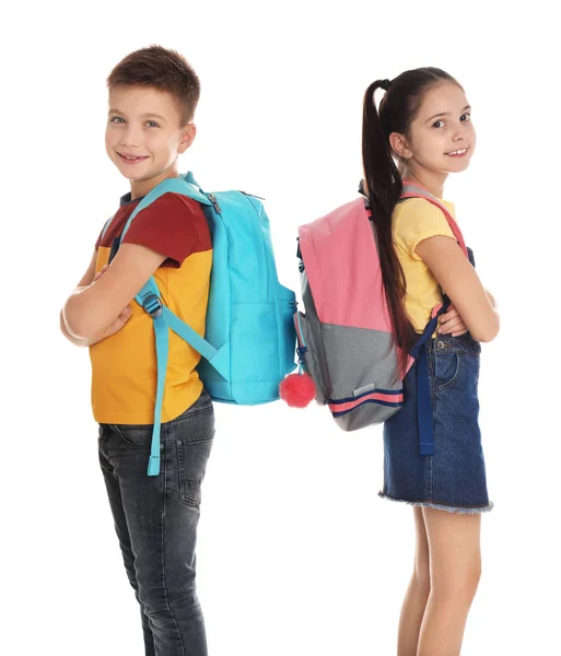 Niños Edad Escolar Con Mochilas Sobre Fondo Blanco —  Fotos de Stock