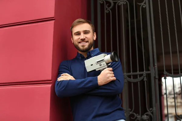 Young Man Vintage Video Camera Outdoors — Stock Photo, Image