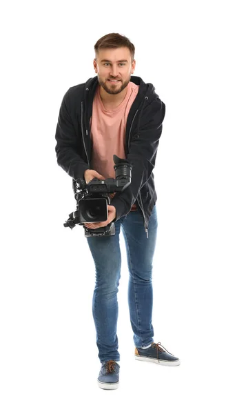 Оператор с профессиональной видеокамерой на белом фоне — стоковое фото