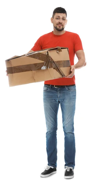 Emotional Courier Damaged Cardboard Box White Background Poor Quality Delivery — Stock Photo, Image