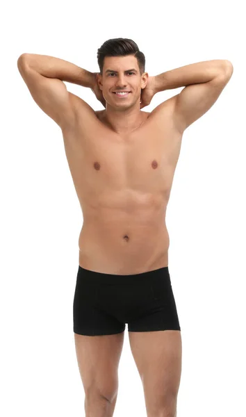 Schöner Mann Schwarzer Unterwäsche Auf Weißem Hintergrund — Stockfoto