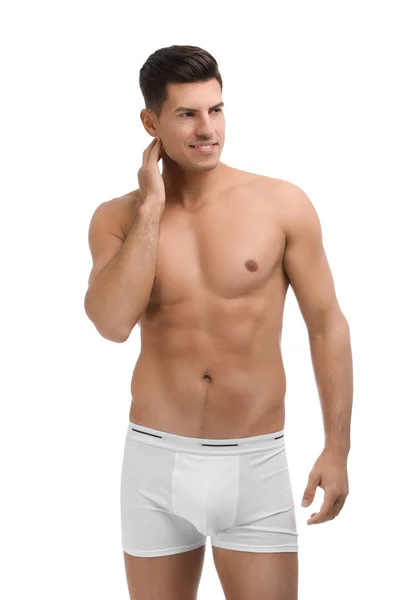 Hezký Muž Spodním Prádle Bílém Pozadí — Stock fotografie