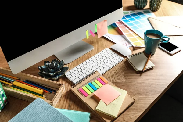 Designer Workplace Modern Computer Color Palettes — Stock Photo, Image