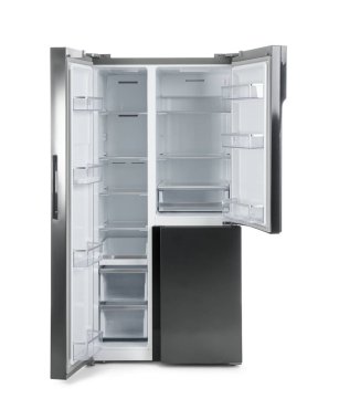 Modern paslanmaz çelik buzdolabı beyaza izole edilmiş.