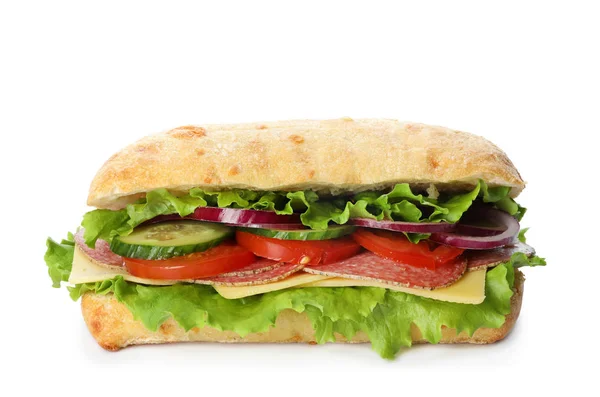 Delizioso panino con verdure fresche e salame isolato su — Foto Stock