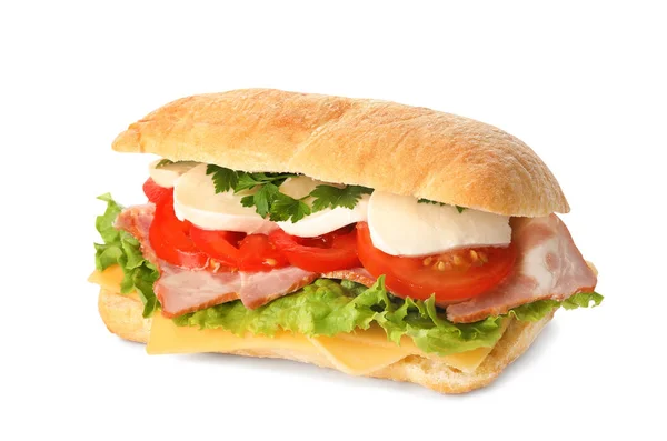 Delicioso sándwich con verduras frescas y mozzarella aislada — Foto de Stock