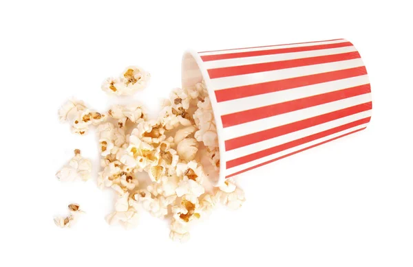 Eimer mit leckerem Popcorn isoliert auf weißem Grund, Ansicht von oben — Stockfoto