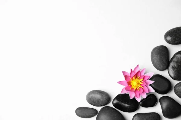Steine Mit Lotusblume Und Platz Für Text Auf Weißem Hintergrund — Stockfoto