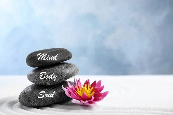 Stones Words Mind Body Soul Lotus Flower White Sand Zen — Stock Photo, Image