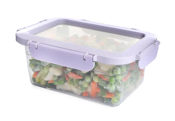 Frozen vegetables in plastic container isolated on white — Stock Photo, Image