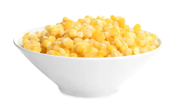 Fryst majs i skål isolerad på vitt. Vegetabilisk konservering — Stockfoto