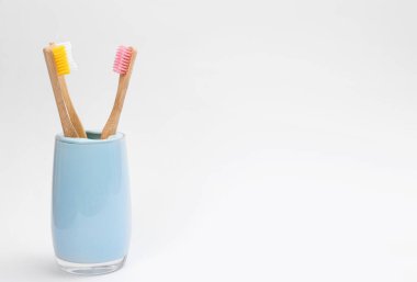 Tutucudaki bambu diş fırçaları beyaza izole edilmiş.