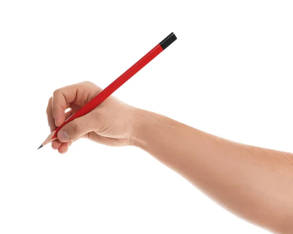 Homme tenant un crayon sur fond blanc, gros plan de la main — Photo