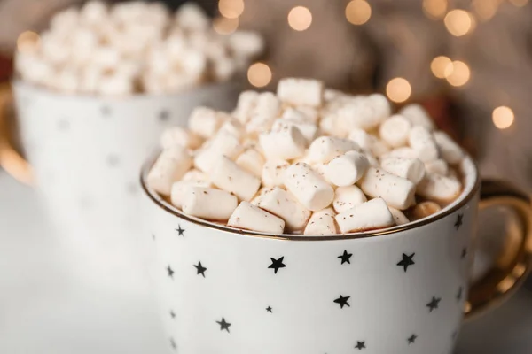 Delicious Cocoa Drink Marshmallows Table Blurred Lights Closeup — Stock Photo, Image