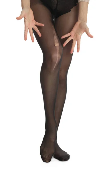 Woman wearing torn tights on white background, closeup — Stock Photo, Image