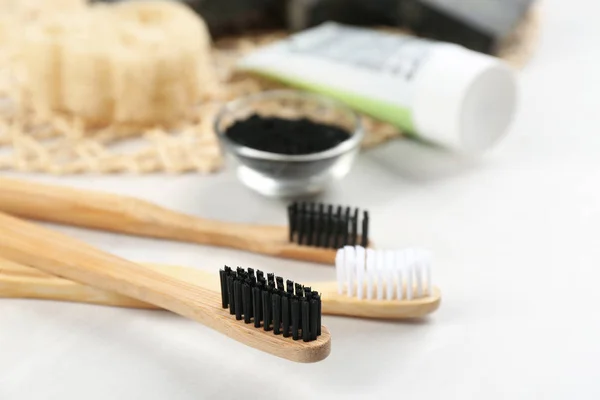 Bamboo Toothbrushes White Table Closeup Space Text — Stock Photo, Image