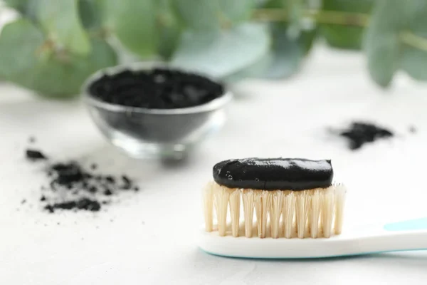 Toothbrush Natural Bristles Charcoal Paste White Table Closeup Space Text — Stock Photo, Image