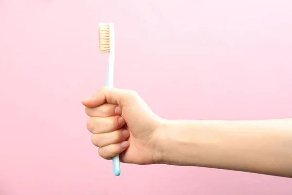 Woman Holding Toothbrush Natural Bristles Pink Background Closeup — Stock Photo, Image