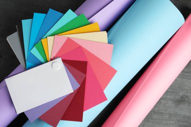 Gri taş zemin üzerinde renk paleti ile düz bileşim yatıyordu