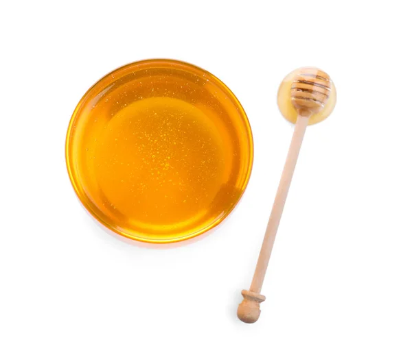 Mísa organického medu a drtiče izolované na bílém, pohled shora — Stock fotografie