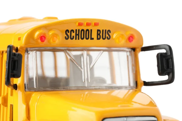 Żółty Szkolny Autobus Odizolowany Białym Bliska Transport Dla Studentów — Zdjęcie stockowe