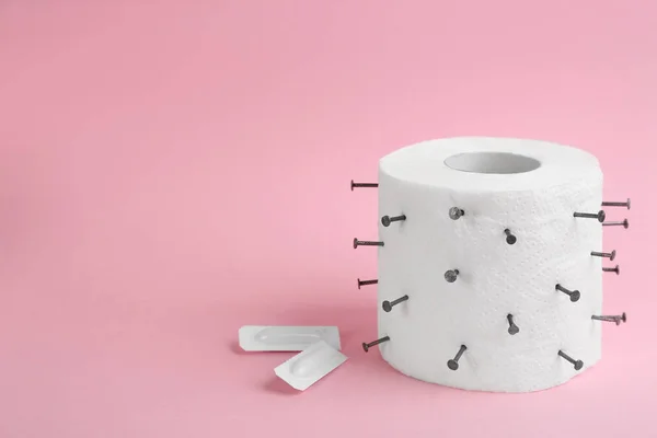 Roll Toilet Paper Nails Suppositories Pink Background Space Text Hemorrhoid — Stock Photo, Image