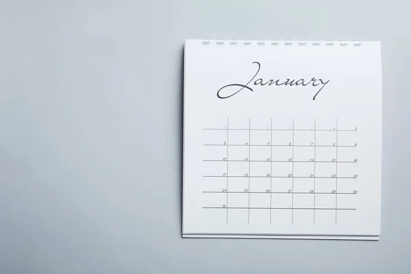 January Calendar Light Grey Background Top View Space Text — Stock Photo, Image