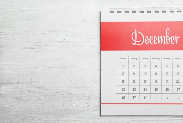 December Calendar White Wooden Background Top View Space Text — Stock Photo, Image