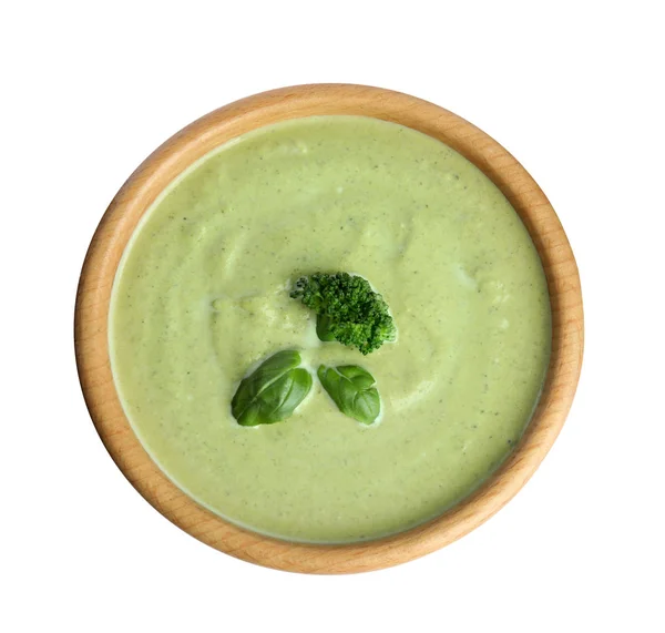 Delicious broccoli cream soup isolated on white, top view Stock Picture