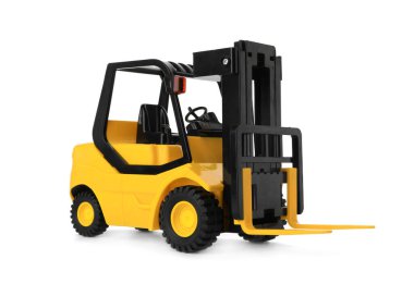 Oyuncak forklift beyazda izole edilmiş. Lojistik ve toptan satış kavramı