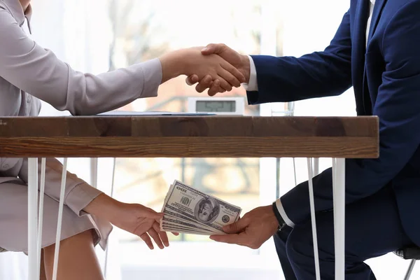 Man Shaking Woman Hand Giving Bribe Money Table Closeup — Stock Photo, Image