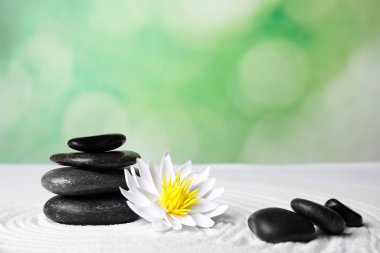 Zen bahçesi. Güzel nilüfer çiçeği ve beyaz kumdaki taşlar, metin için yer