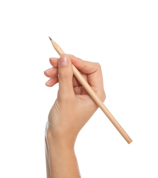 Kvinna som håller vanlig penna på vit bakgrund, närbild — Stockfoto