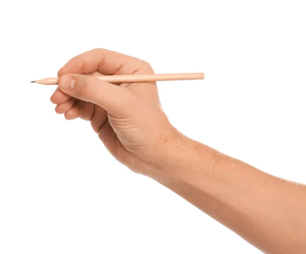 Mężczyzna trzyma zwykły ołówek na białym tle, zbliżenie — Zdjęcie stockowe