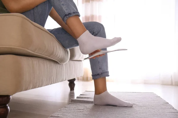 Woman Fitting Orthopedic Insole Home Closeup — Stock Photo, Image