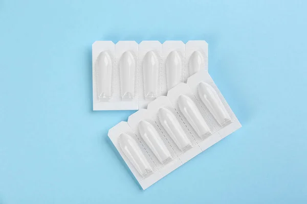Suppositories Light Blue Background Flat Lay Hemorrhoid Treatment — Stock Photo, Image