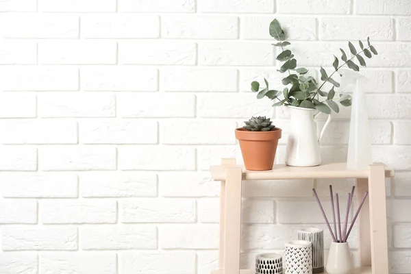 Beautiful Plants Accessories Wooden Shelves Brick Wall Home Space Text — Stock Photo, Image
